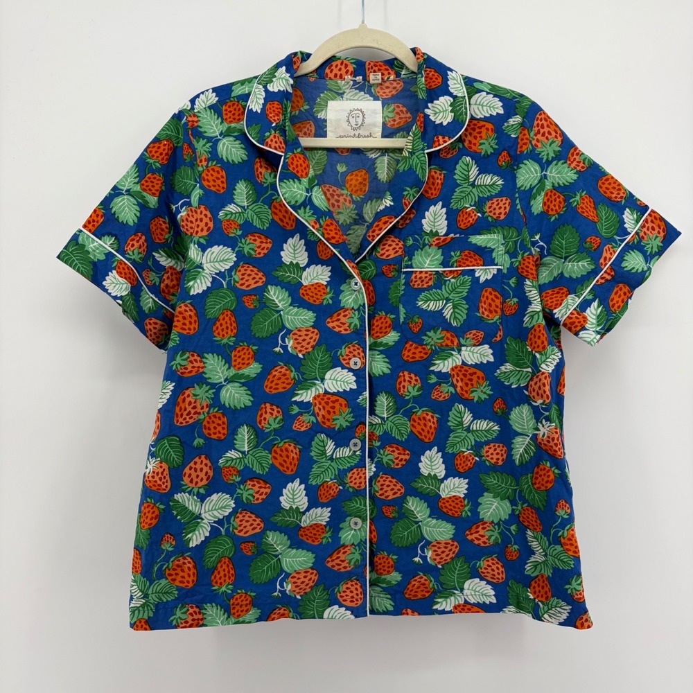 Printfresh Womens Small Blue Strawberry Pajama Top Organic Cotton Short Sleeve